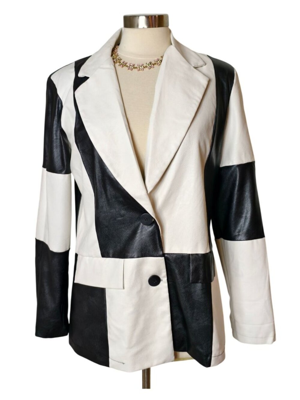 Boohoo Womens 10 Faux Leather Jacket Black White Blazer Preppy Career Chic Edgy